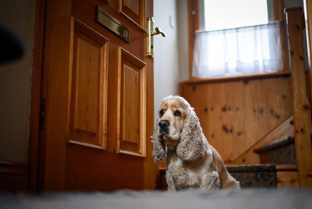 Sad Cocker Spaniel showing signs of dog separation anxiety while waiting alone by the front door
